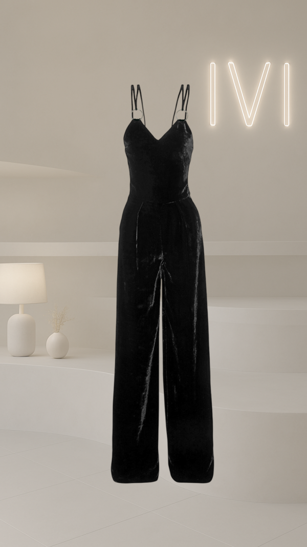 Mugler Black Velvet Archive Jumpsuit with Silver Ring Straps
