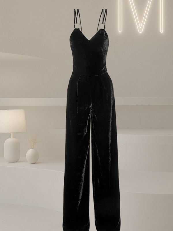 Mugler Black Velvet Archive Jumpsuit with Silver Ring Straps