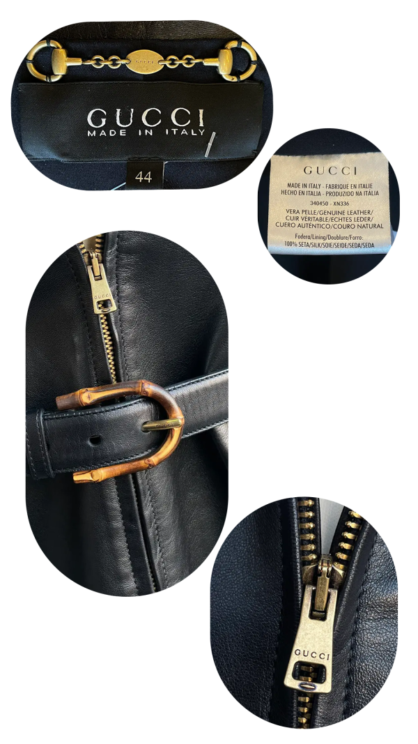 Gucci black leather belted jacket with Bamboo detail