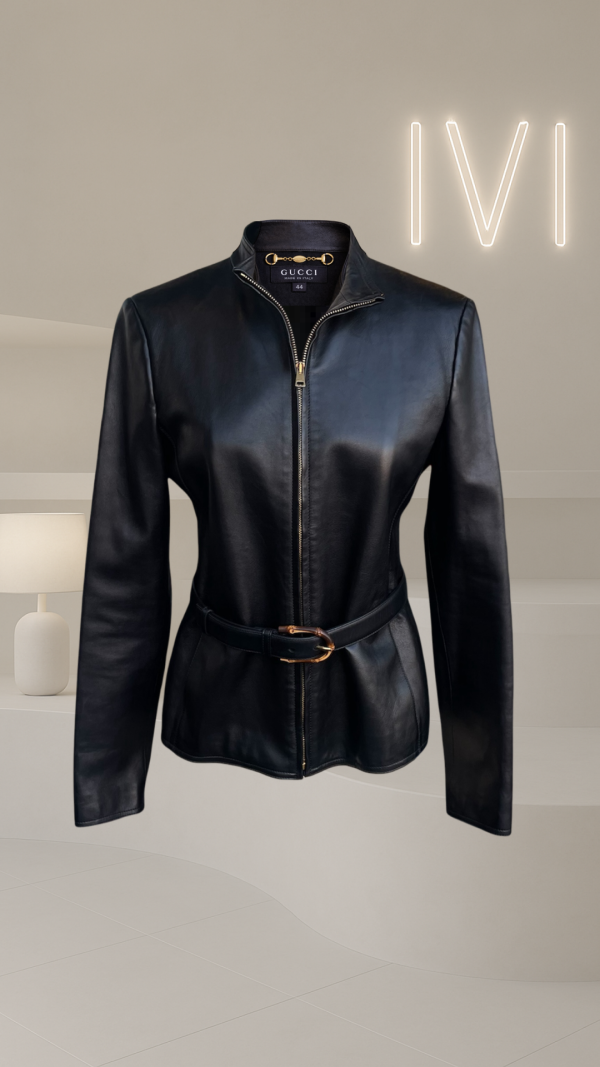 Gucci black leather belted jacket with Bamboo detail