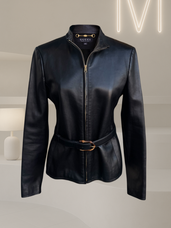 Gucci black leather belted jacket with Bamboo detail